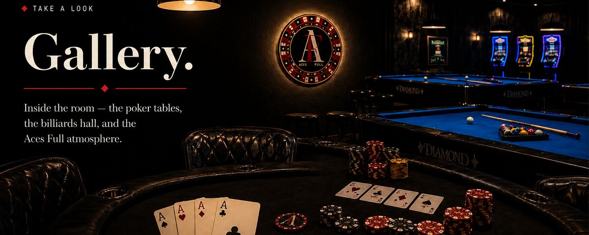 Gallery — inside the room at Aces Full: a poker table laid with cards and chips, Diamond billiards tables, and the club's neon-lit floor.
