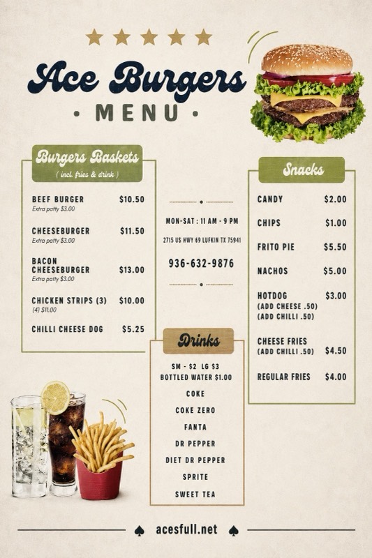 Ace Burgers menu