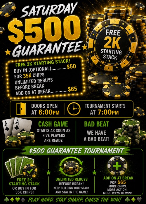 Saturday at Aces Full — $500 Guarantee Tournament, doors 6:00 PM, tournament 7:00 PM